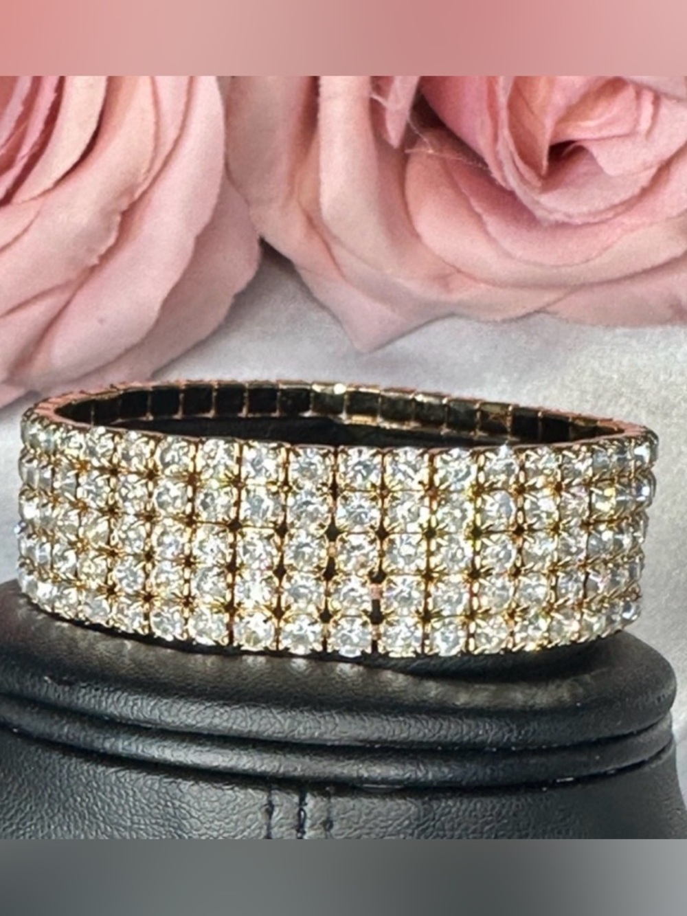 Crystal Rhinestone 5 Row Stretch Bracelet Gold Tone Sparkly Statement